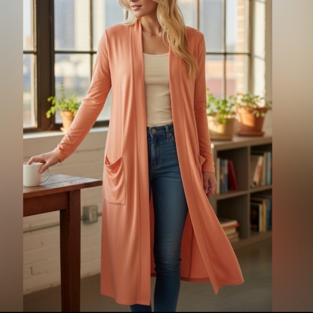 Zen Bohemian Orange Sorbet Longline Ccardigan With Pockets•L
